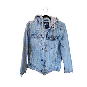 Hollister XS Distressed Denim Jacket With Grey Hooded